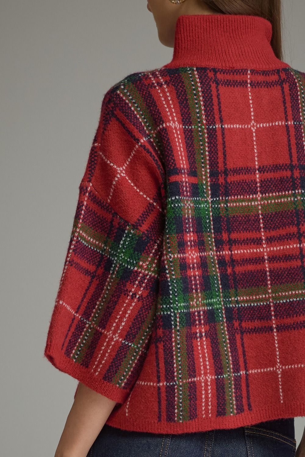 Red Plaid 3/4 Sleeve Sweater