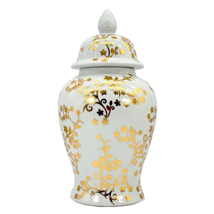 18 Inch Gold and White Ceramic Floral Blossom Ginger Jar