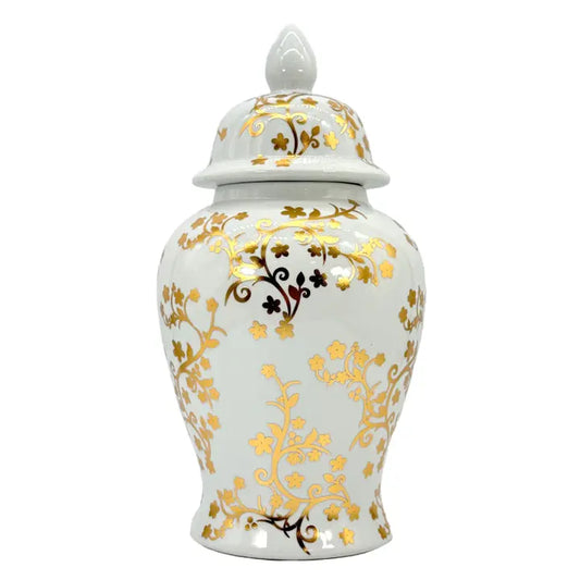 18 Inch Gold and White Ceramic Floral Blossom Ginger Jar