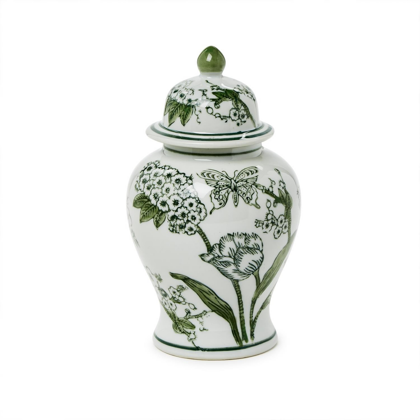 Primrose and Lotus Green/White Chinoiserie Jar with Lid