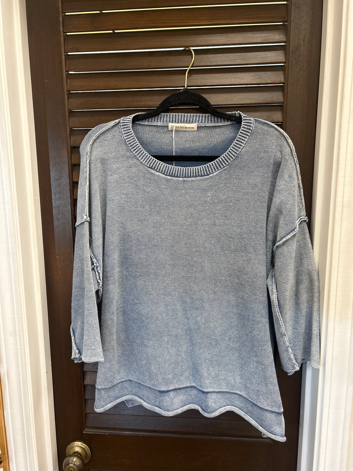 Washed 3/4 Sleeve Boxy Sweater - Dusty Blue