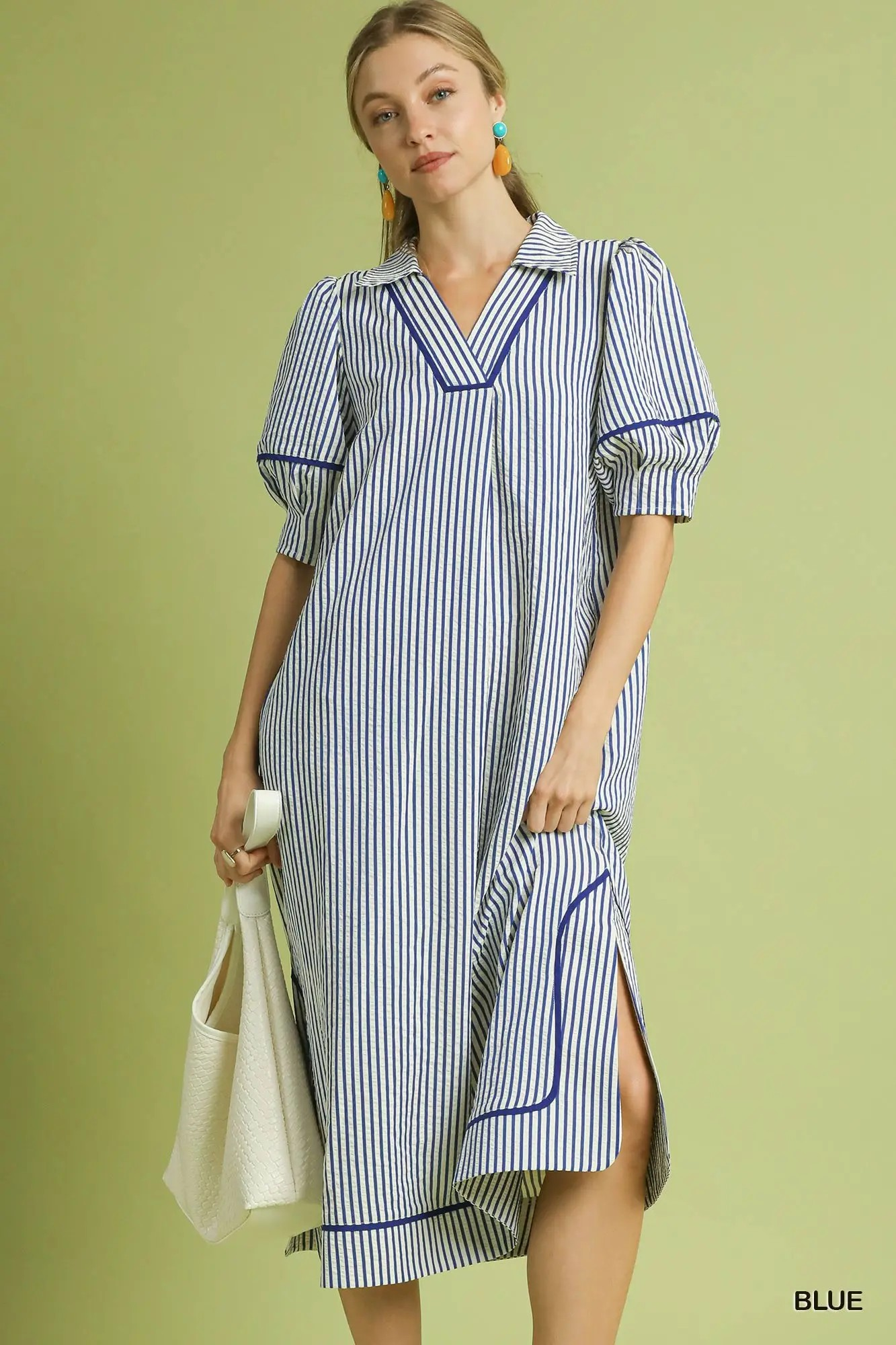 Seersucker Striped Blue Dress