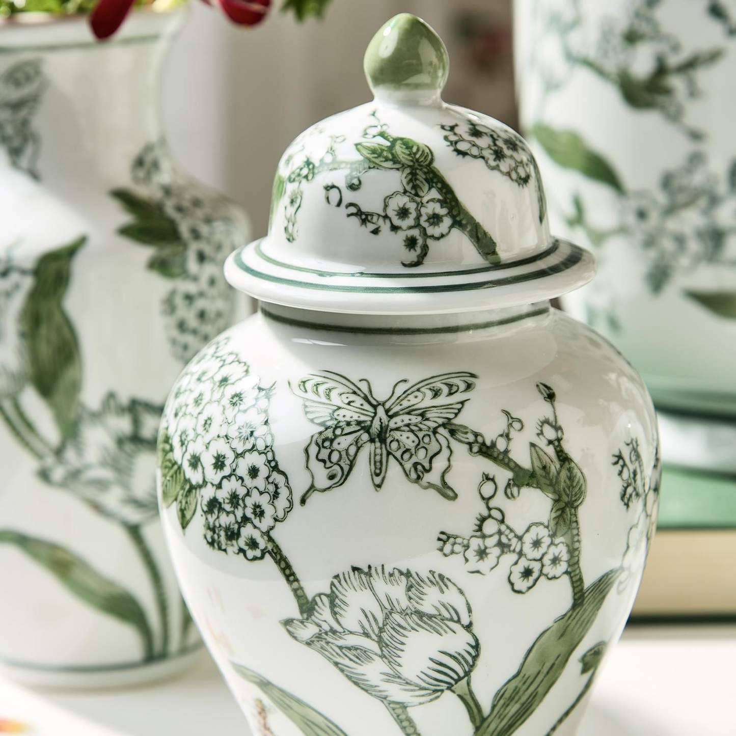Primrose and Lotus Green/White Chinoiserie Jar with Lid