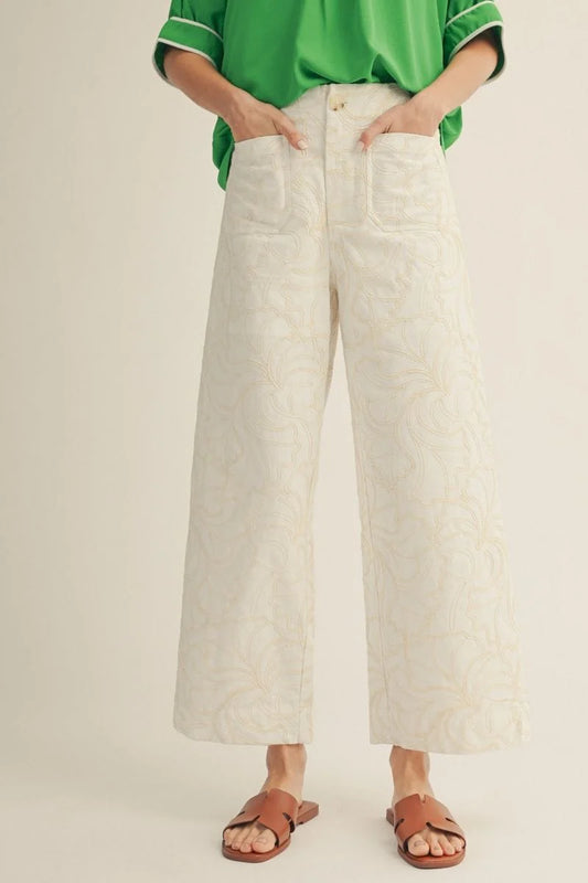 Raised Embroidery Design Cropped Wide Leg Pants