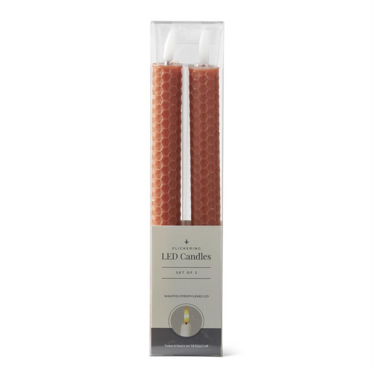 Set of 2 9.75 Inch Rust Honeycomb LED Taper Candles w/Timer