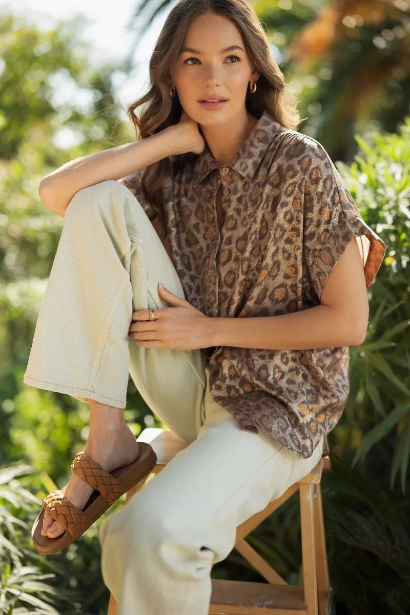 Toffee Leopard Button Down Blouse