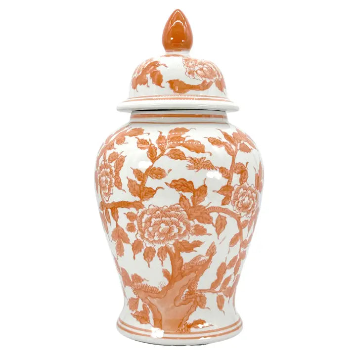 Orange and White Lotus Chinoiserie Ceramic Ginger Jar 18 inch