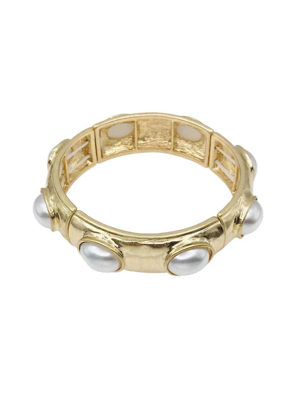 Pearl Oval Stone on Hammered Gold Stretch Bracelet