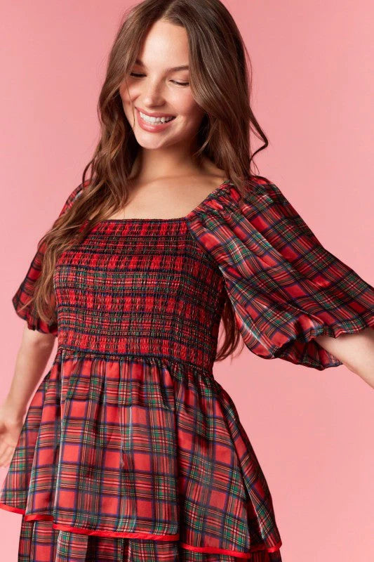 Tiered Midi Dress - Silky Organza Plaid Print