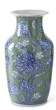 Blue Green & White Floral Ceramic Vase