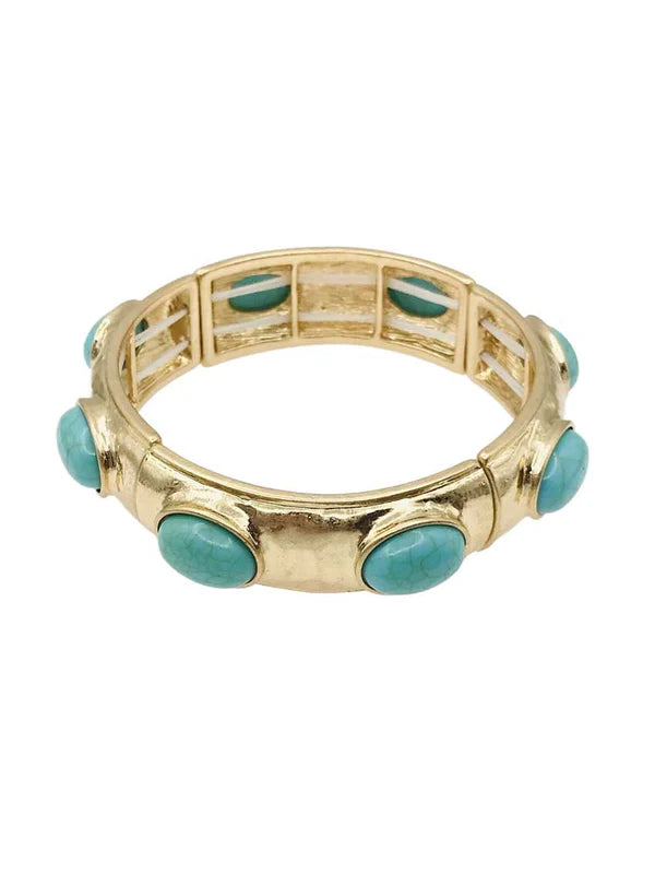 Turquoise Oval Stone on Hammered Gold Stretch Bracelet