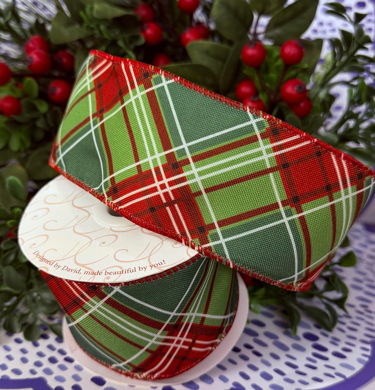 Red and Green Diagonal Plaid Ribbon 2.5" x 10yds
