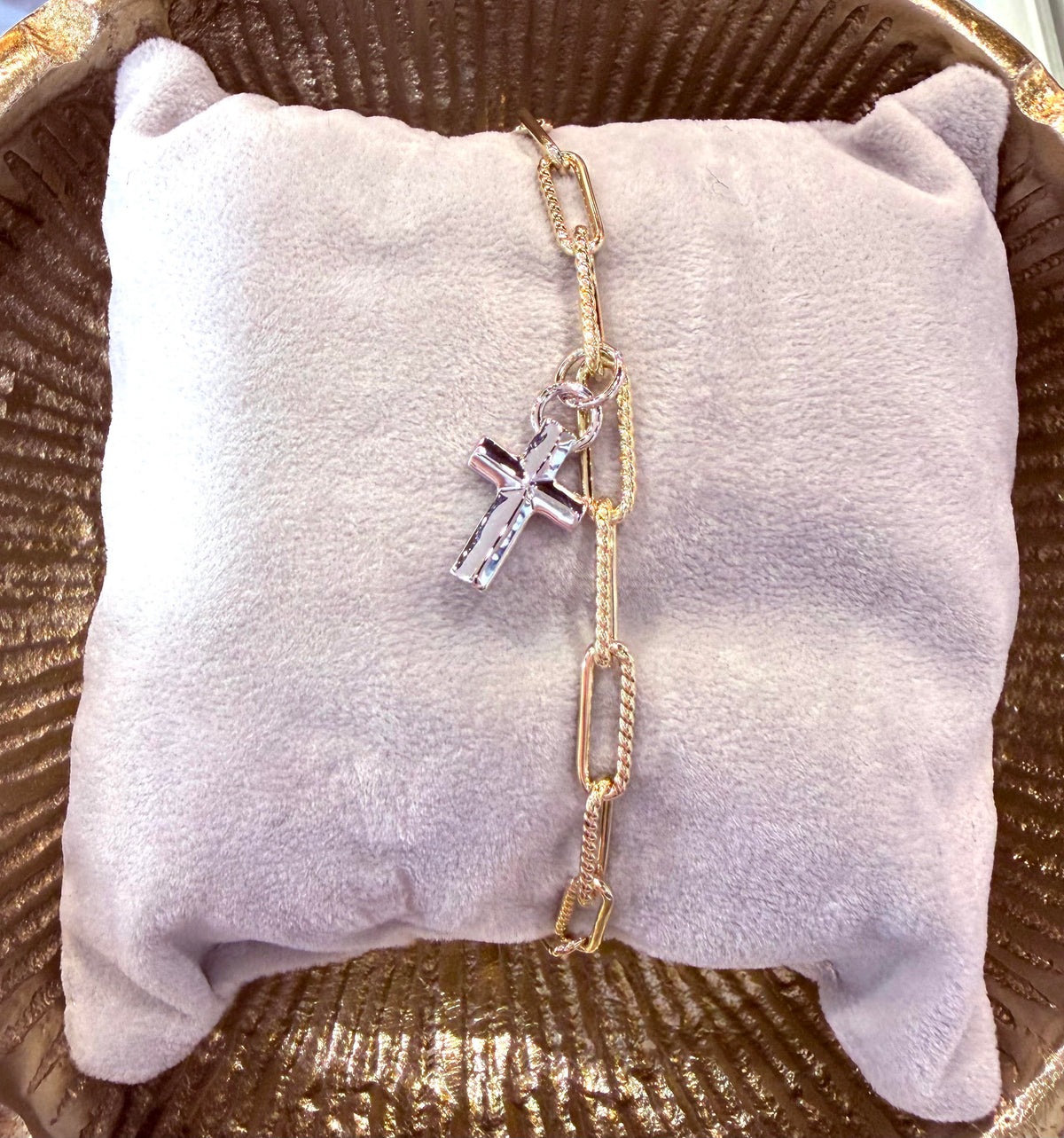 Cross Charm Bracelet Gold with Rhodium Charm
