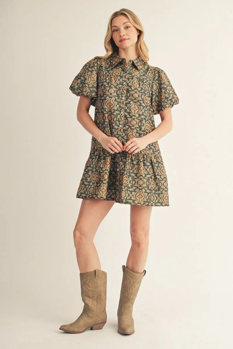 Green Jacquard Puff Sleeve Dress