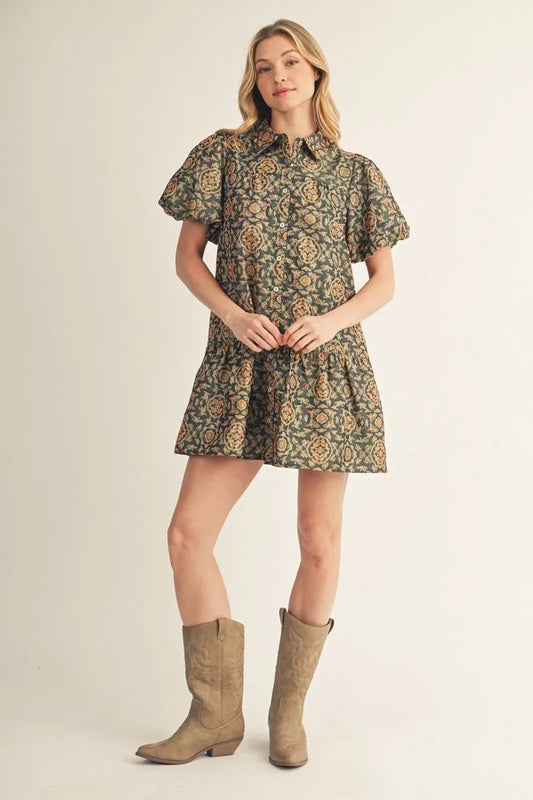 Green Jacquard Puff Sleeve Dress