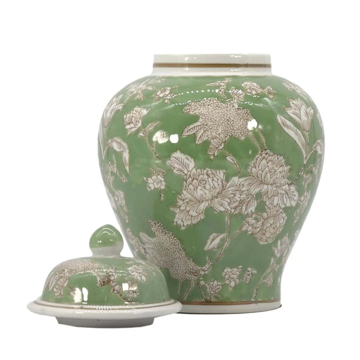 Green & White Floral Peony Ceramic Chinoiserie Jar 12"