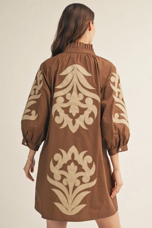 Brown Floral Contrast Applique Mini Dress