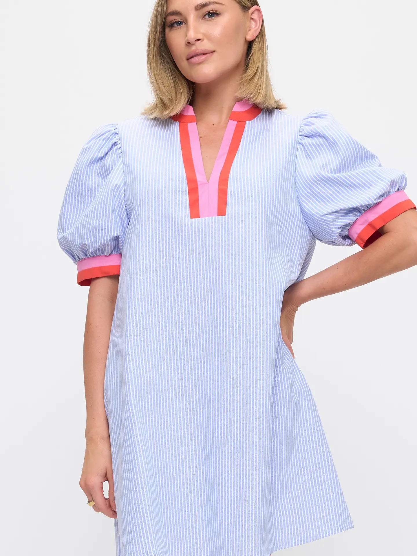 Striped Linen Dress with Contrast Trim