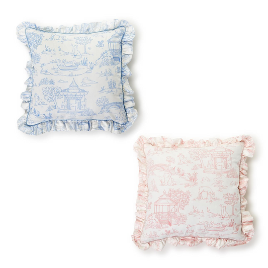 Baby Animal Toile Decorative Pillow with Ruffle and Pipping Details-Blue