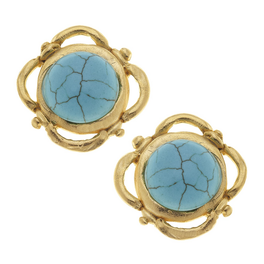 Handcast Gold with Genuine Turquoise CLIP Earrings 1548TC
