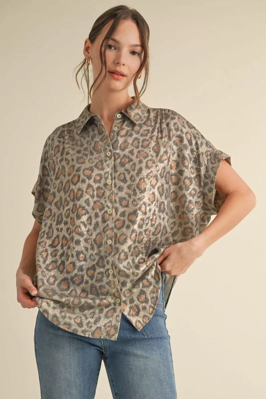 Taupe Leopard Button Down Blouse