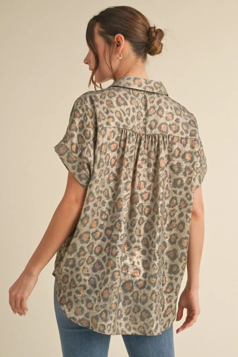 Taupe Leopard Button Down Blouse