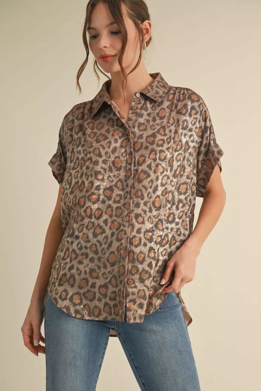 Toffee Leopard Button Down Blouse