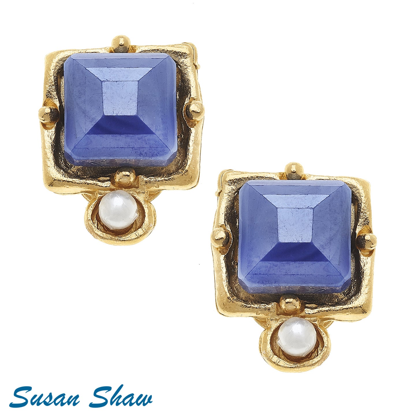 Susan Shaw Gold Earrings with Blue Crystal and Pearl Drop 1112BL