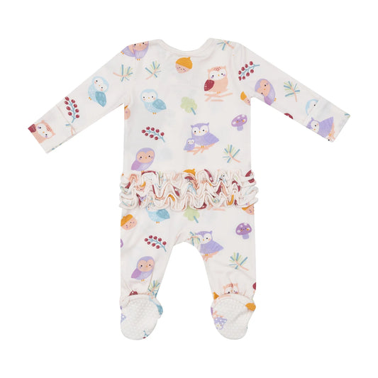 Zipper Footie - Ruffle Back - owl