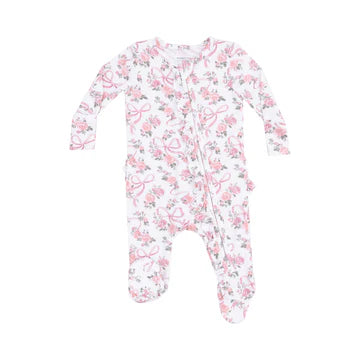 Ruffle Front Zipper Footie  - 3-6 mos  Ribbon & Flowers