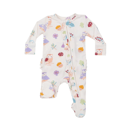 Zipper Footie - Ruffle Back - owl