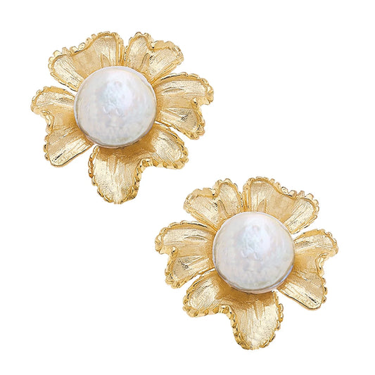 Susan Shaw Handcast Gold Flower with Freshwater Pearl Earrings 1365G