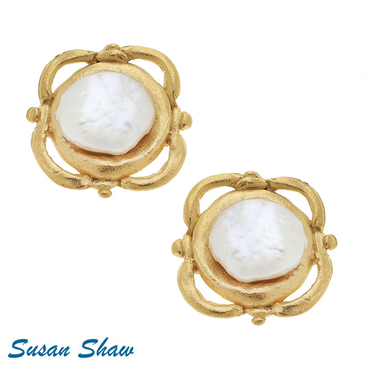 Susan Shaw Handcast Gold Scroll and Pearl Clip Earrings 1452WC