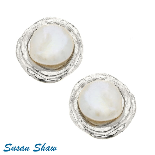 Susan Shaw Handcast Silver with White Pearl Pierced Earrings 1477W