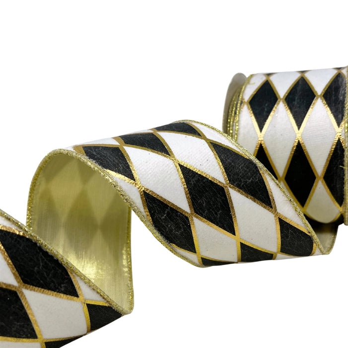 Black/White/Gold Diamond Ribbon Platinum Back 2.5" x 10yds