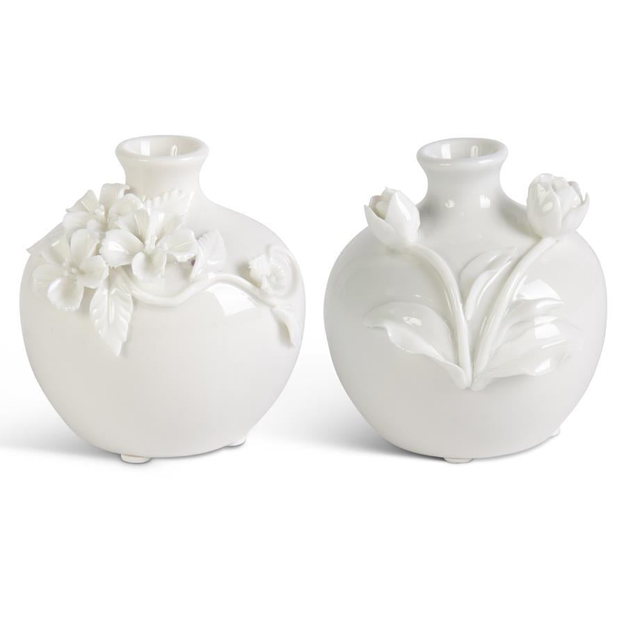 Short White Ceramic Vase w/Raised Flowers (2 Styles)