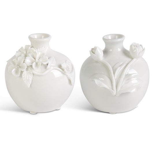 Short White Ceramic Vase w/Raised Flowers (2 Styles)