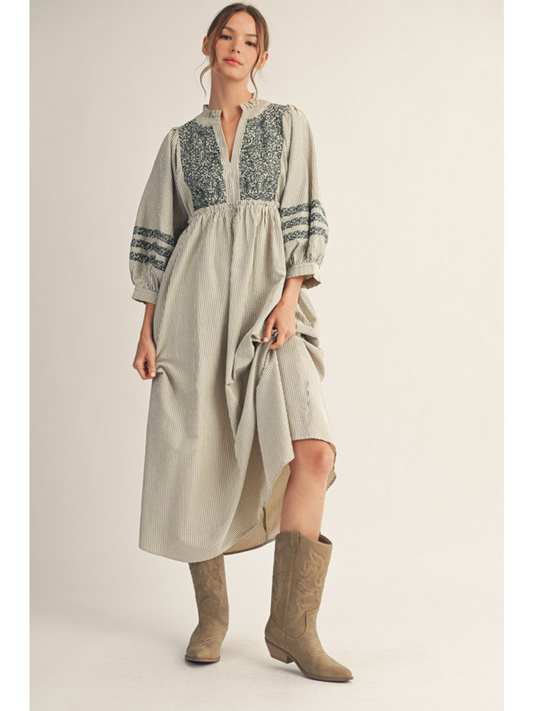 Cream Stripe Embroidered Dress