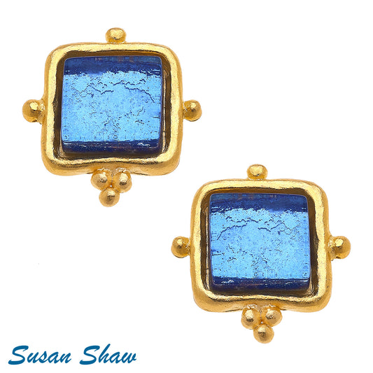 Susan Shaw Handcast Gold and Blue French Glass Earrings 1735BL
