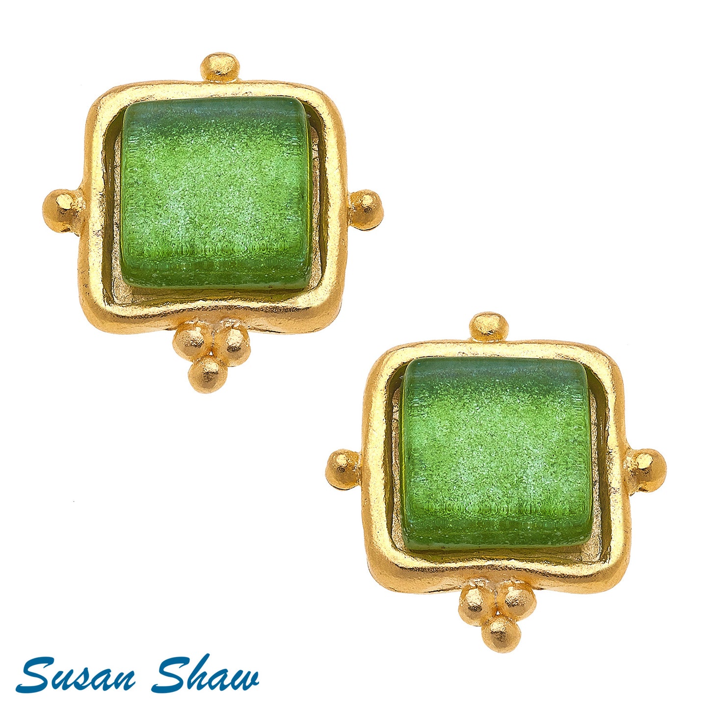 Susan Shaw Handcast Gold Square Green Earring 1735GR