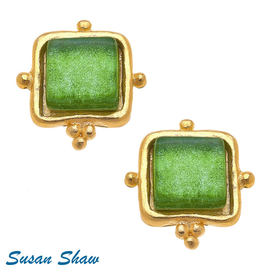 Susan Shaw Handcast Gold Square Green Earring 1735GR