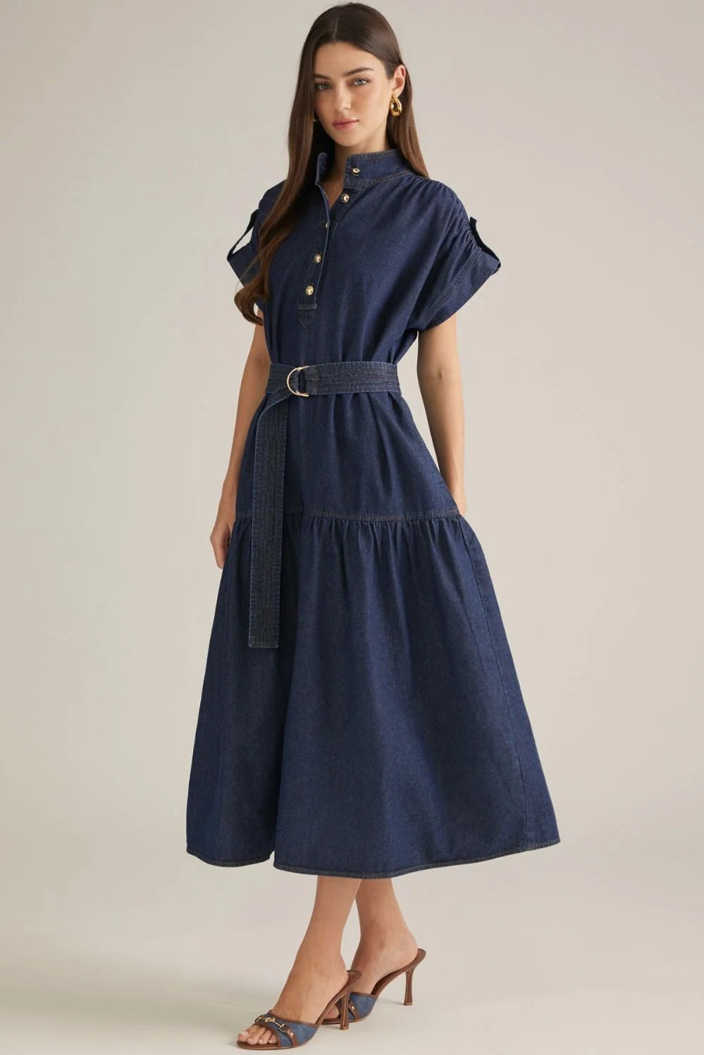 Dark Wash Denim Midi Dress with Belt