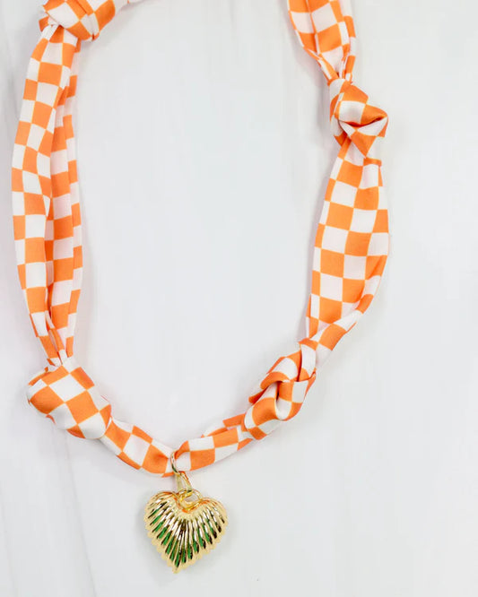 Orange and White Check Neck Scarf with Heart Charm