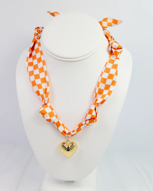 Orange and White Check Neck Scarf with Heart Charm