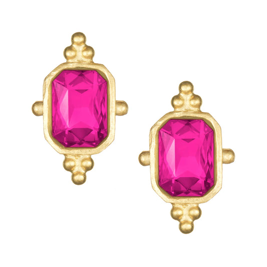 Susan Shaw Handcast Gold Hot Pink Rectangle Crystal Stud Earrings 1896HP