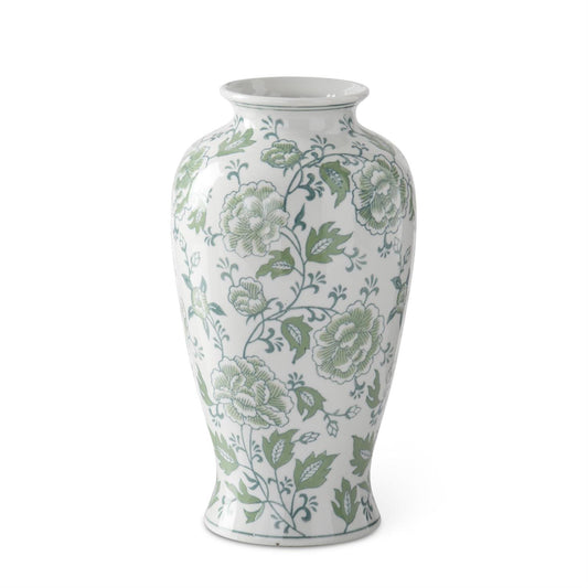 12.25 Inch Green & White Floral Ceramic Vase