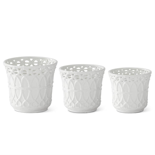 White Ceramic Basket Weave Embossed Pots