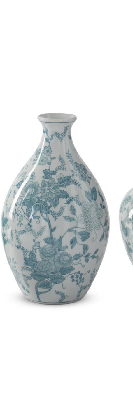 11.75 inch Teal and White Porcelain Chinoiserie Fluted Vase