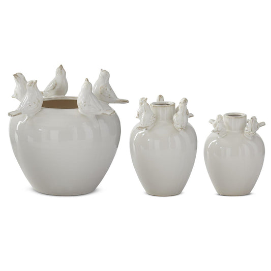 Cream Ceramic Bird Rim Vases
