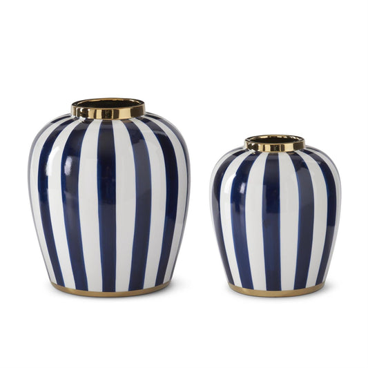 Blue and White Vertical Striped Ceramic Vases